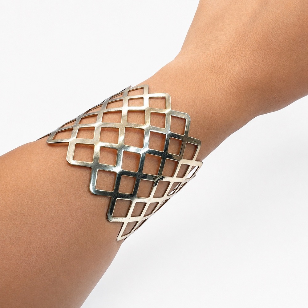 Gold Tone Geometric Lattice Cuff Bracelet Wide‎ Open Work Mesh Statement Jewelry